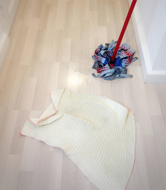 καθαρίζοντας το πάτωμα με μια σφουγγαρίστρα και ένα κουρέλι - Φωτογραφία, εικόνα