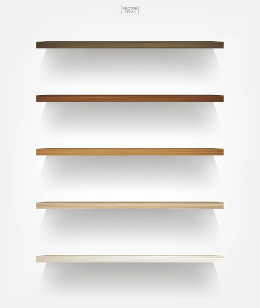 Mensola in legno vuota su fondo bianco con soffice ombra. Scaffali in legno vuoti 3D su parete bianca. Illustrazione vettoriale
. - Vettoriali, immagini