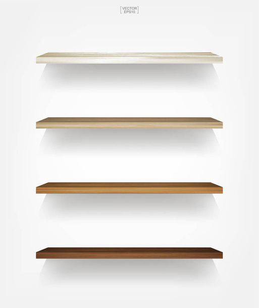 Empty wood shelf on white background with soft shadow. 3D empty wooden shelves on white wall. Vector illustration. - Vector, Image