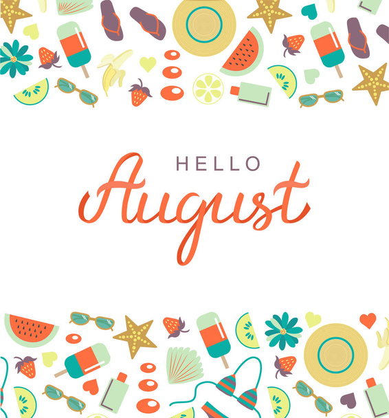 Hand drawn Hello August typography lettering poster, bright design background. Summer time month title vector illustration with summer day elements. - Vektör, Görsel