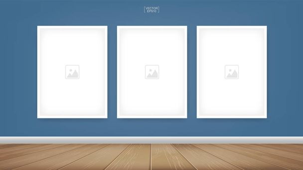 Empty photo frame or picture frame background in room space area with blue wall background and wooden floor. Vector idea for room design and interior decoration. - Vector, Image