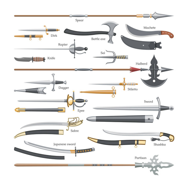 Sword vector medieval weapon of knight with sharp blade and pirates knife illustration broadsword set of battle-axe or knifepoint and spear isolated on white background - Vettoriali, immagini