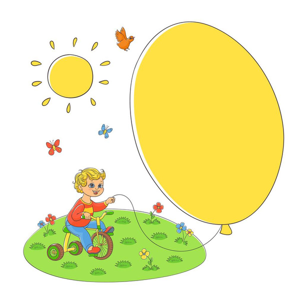 Wektor płaskie chłopiec dziecko jazda rowerowa balonów - Wektor, obraz