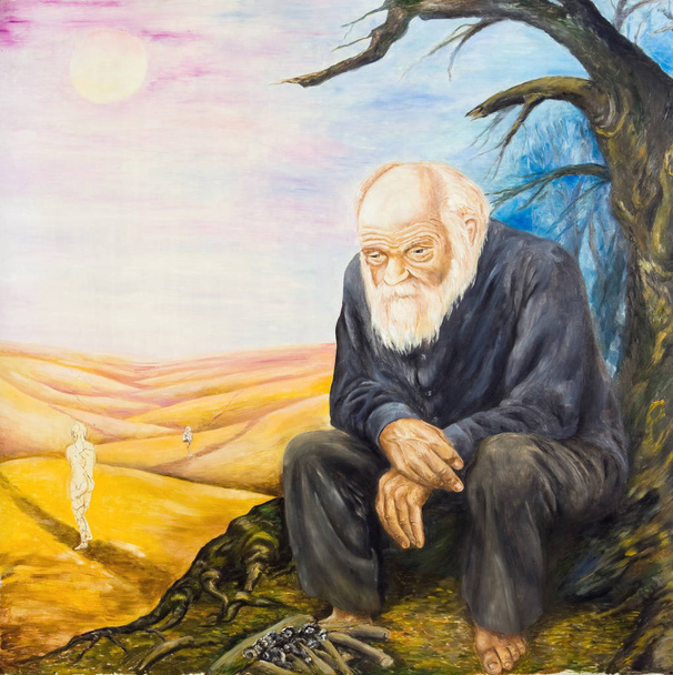 Allegory of resentment. The old man sitting near the extinct fire. Oil painting - Foto, Bild