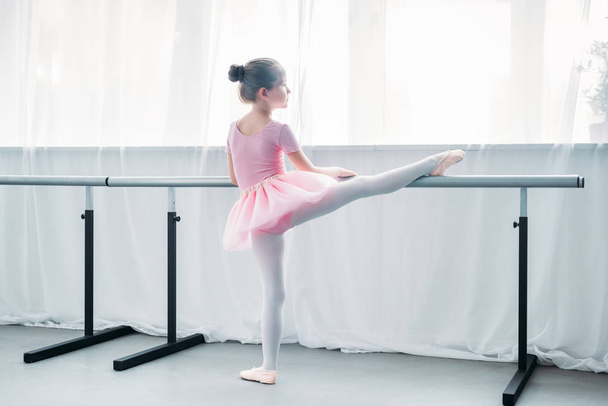 back view of little child in pink tutu exercising in ballet school - Фото, зображення