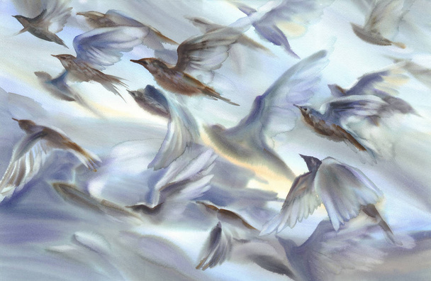 A flock of birds flying watercolor background. Silhouettes of the wings - Фото, изображение