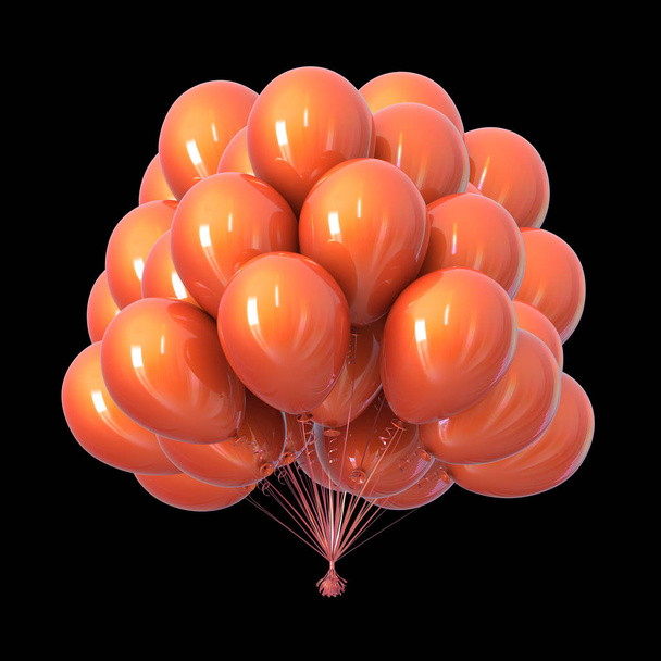 party balloons bunch orange colorful shiny. happy birthday decoration. carnival, holiday event, anniversary celebration symbol. 3d illustration, isolated on black - Photo, image