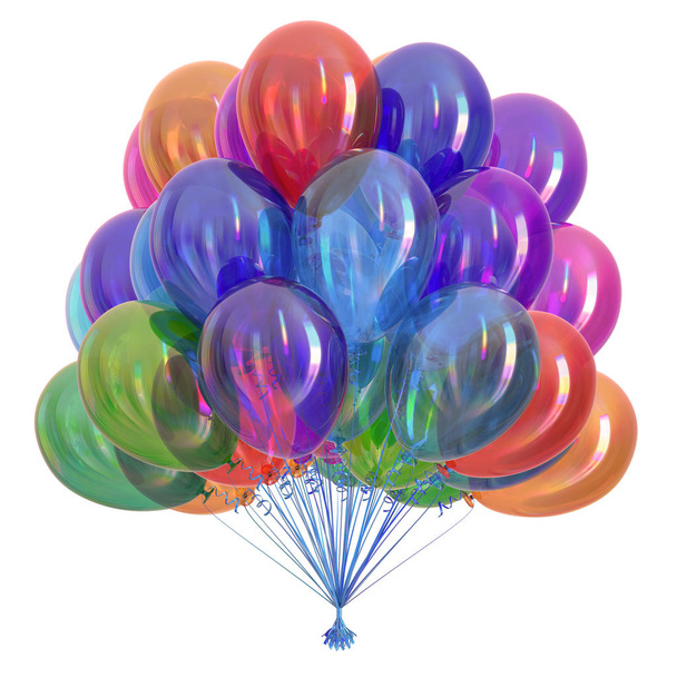 μάτσο πολύχρωμα μπαλόνια κόμμα. χαρούμενα γενέθλια, πολύχρωμα διακόσμηση διακοπών. σύμβολο γιορτή διαφορετικά χρώματα. 3D απεικόνιση - Φωτογραφία, εικόνα