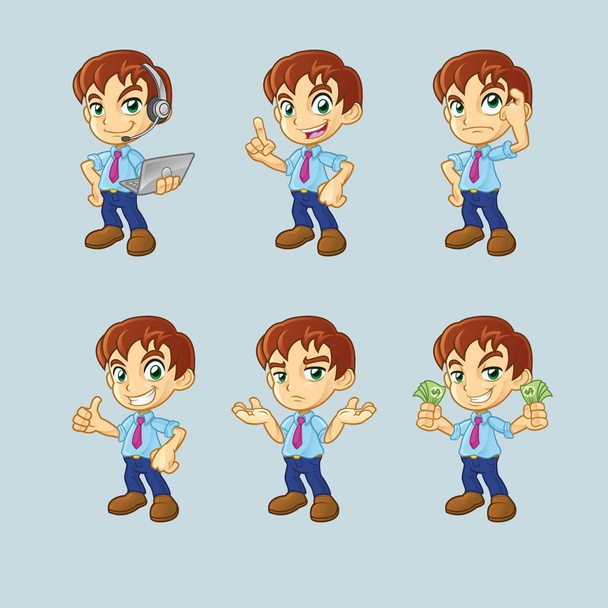 Set of 6 worker cartoon man character in different poses and expressions - Vector, afbeelding
