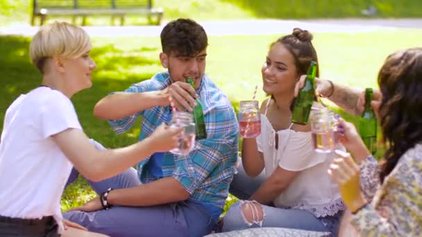 amigos felizes batendo bebidas no parque de verão
 - Filmagem, Vídeo