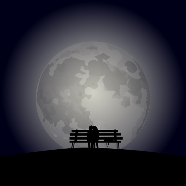 Pareja enamorada en un banco contra la luna llena
 - Vector, imagen