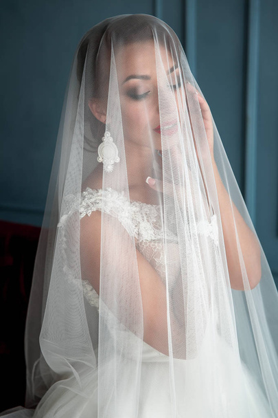 Closeup shot από πανέμορφο, κομψή, νεαρή μελαχρινή νύφη σε εκλεκτής ποιότητας λευκό φόρεμα που ποζάρουν κάτω από πέπλο closeup με κόκκινα χείλη. Νύφη πορτρέτο γαμήλιο μακιγιάζ και το χτένισμα, μόδα νύφης με σκουλαρίκια - Φωτογραφία, εικόνα