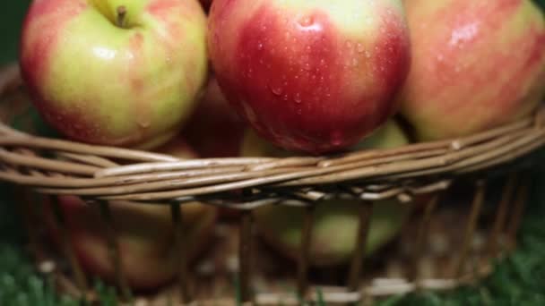 Äpfel in einem Korb auf dem Gras, Nahaufnahme. - Filmmaterial, Video