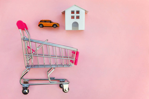 Small supermarket grocery push cart for shopping toy miniature white house and car on pink pastel color paper flat lay background. Mortgage property insurance buy dream home shopping sale rent concept - Photo, Image