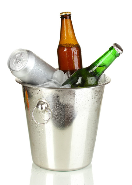 Beer bottles in ice bucket isolated on white - Photo, Image