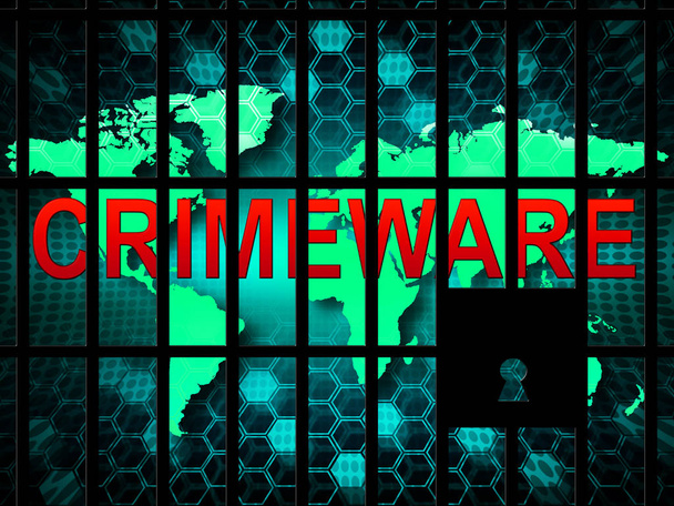 Crimeware Digitális Cyber Hack Exploit 2d Illusztráció mutatja Számítógépes bűnözés és digitális rosszindulatú rosszindulatú programok az interneten vagy a számítógépen - Fotó, kép