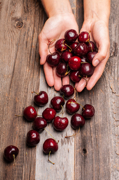 Woman is holding fresh cherries in hands. Cherry on wood table - Foto, Imagem