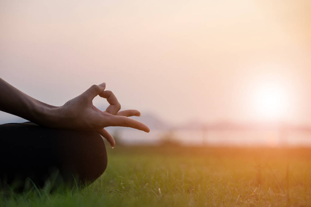 Las mujeres están haciendo ejercicio con posturas de loto yoga sobre hermosa hierba verde y luz solar. Por la noche. concepto saludable
. - Foto, Imagen