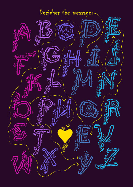 芸術的なアルファベット、暗号化されたロマンチックなメッセージ - 私は必要があります。優雅な装飾が施された紫、青文字。黒の背景。イエロー ハートはテキストの末尾です。図 - 写真・画像