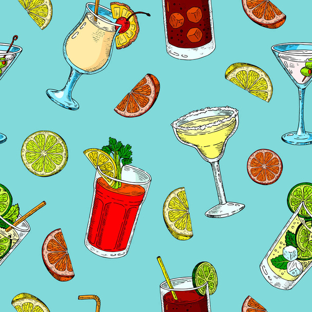 Alcoholic drinks pattern. Colorful sketch cocktails. vector pattern. Margarita. - Vector, Image