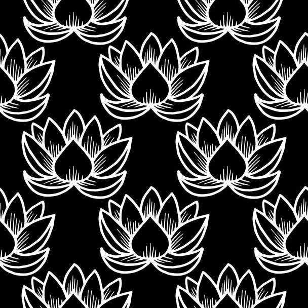 Lotus. Naadloze patroon. Oosterse Indiase traditioneel Chinees. Wit en zwart - Vector, afbeelding