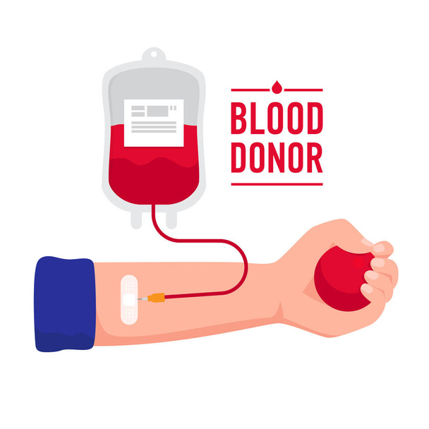 De hand van de ontvanger ontvangt de bloedtransfusie geïsoleerd op een witte achtergrond. Wereld bloed Donor dag vector concept illustratie in platte ontwerp. Bloed donatie medische illustratie. - Vector, afbeelding