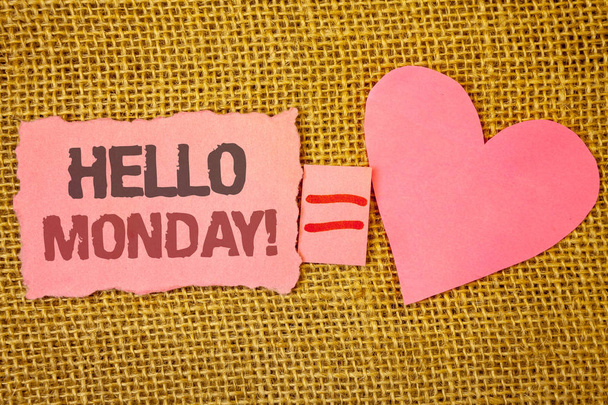 Text sign showing Hello Monday Motivational Call. Conceptual photo Positive Message for a new day Week Start Text pink torn note equals is pink heart love message letter cute couple - Photo, Image