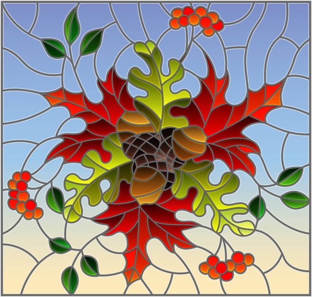 Őszi összetétele, fényes levelek és gyümölcsök a kék háttér, négyzet alakú képet festett üveg stílusosan illusztráció - Vektor, kép