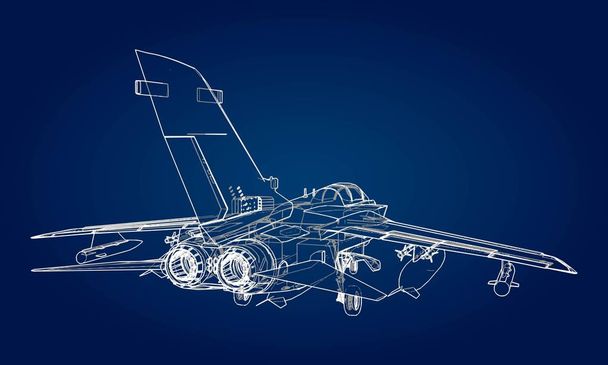 軍のジェット戦闘機のシルエット。輪郭線を描画での航空機の画像。機体の内部構造 - ベクター画像