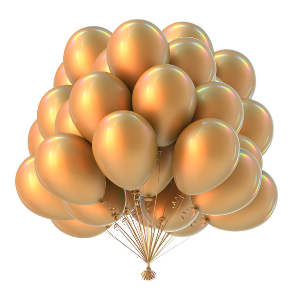 party balloons bunch colorful golden. birthday decoration helium balloon group yellow. holiday event, anniversary celebration, carnival symbol. 3d illustration - Φωτογραφία, εικόνα