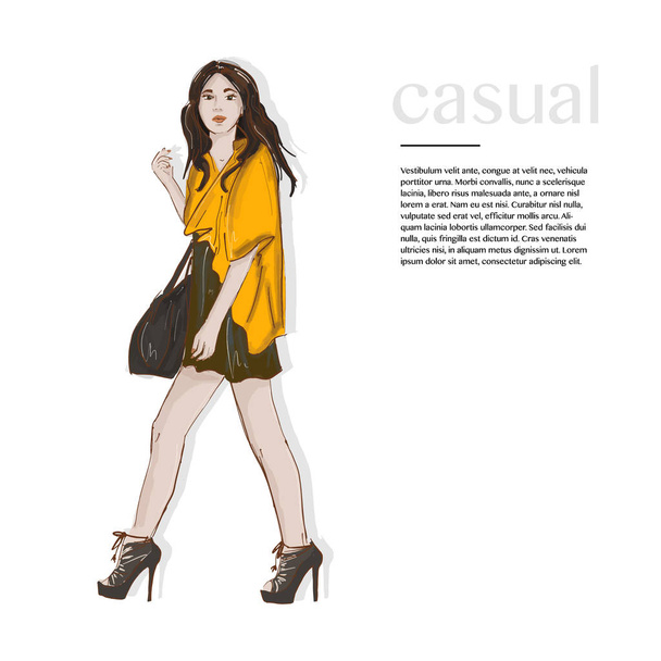 Fasion stijl outfit. Vrouw in gele jas, jurk op de hoge hakken en zak. Runaway tijdschrift casual straat schets. Dagelijks, freelancer blik  - Vector, afbeelding