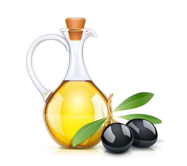 Black olive oils bottle with cork. Glass jug. - Vector, imagen