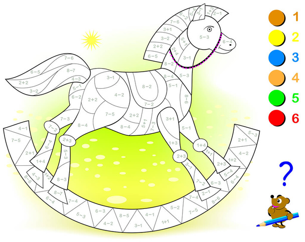 Educational page with exercises for children on addition and subtraction. Need to solve examples and to paint the toy rocking horse in relevant colors. Developing skills for counting. Vector image. - Vecteur, image
