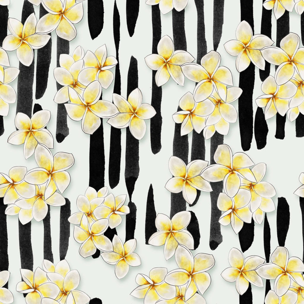modello senza soluzione di continuità - disegnato a mano acquerello fiori tropicali su sfondo strisce verticali
 - Foto, immagini