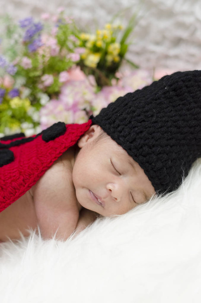 Muotokuva söpö vastasyntynyt vauva neulottu leppäkerttu puku nukkuu valkoinen huopa.
 - Valokuva, kuva