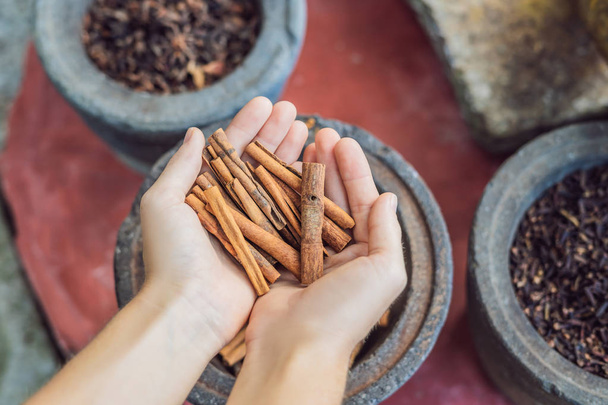 Cinnamon sticks in female hands on a background of spices. - Zdjęcie, obraz