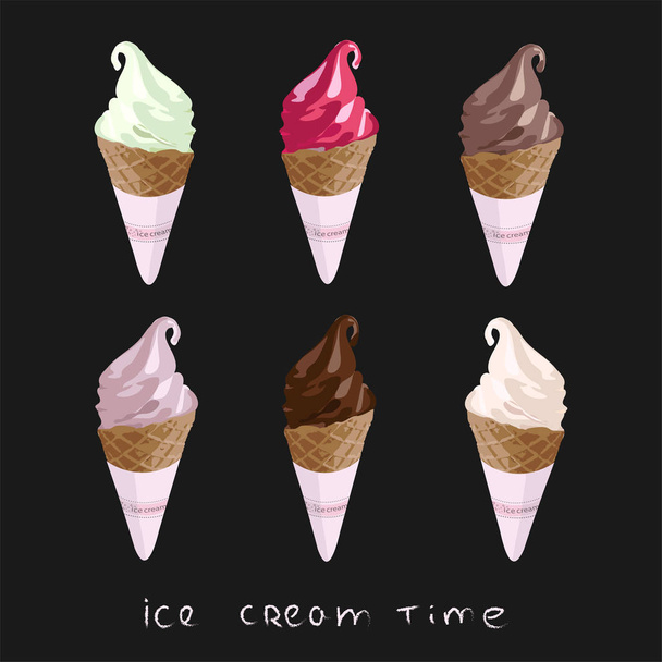 Conos de helado de servicio suave: helados de fresa, vainilla, pistacho y chocolate o almendras congeladas en cono aislado sobre fondo negro
. - Vector, Imagen
