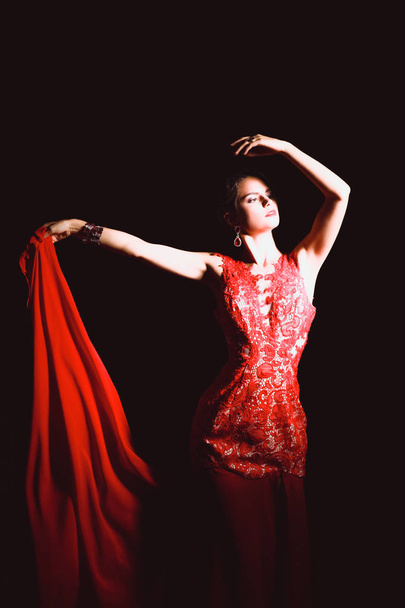 Pretty young model female with dark hair in amazing long red dress - Photo, image