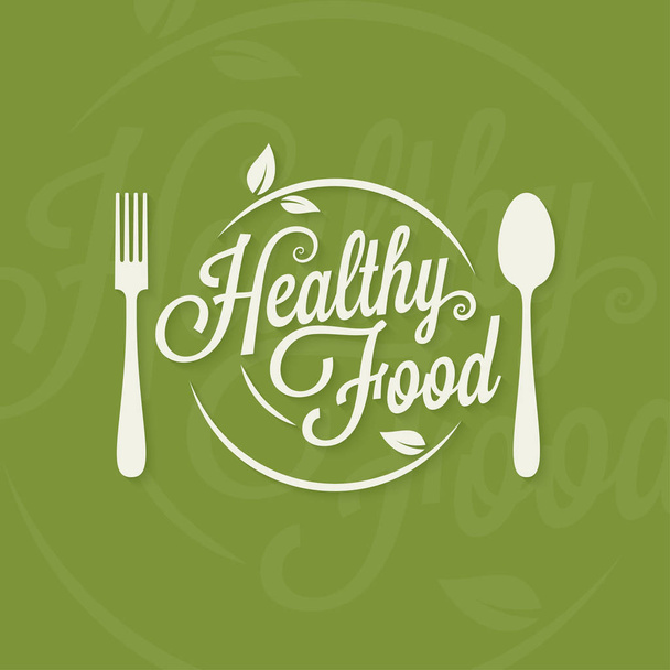 Healthy food logo. Plate with fork and spoon concept on green background - Vektori, kuva