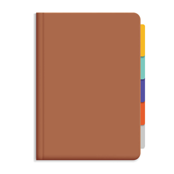 Vector illustration of brown leather diary with colorful bookmarks - isolated on white background with space for your text - Вектор, зображення