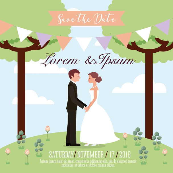 wedding couple in the park save the date card - Vector, Image