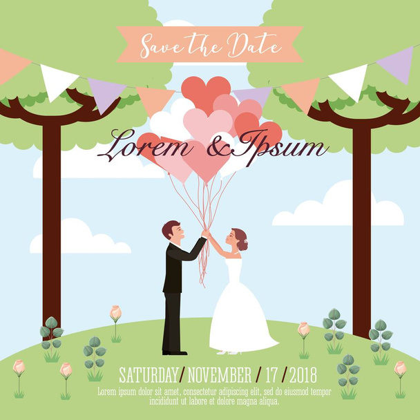 wedding couple holding balloons hearts save the date card - Vector, Image