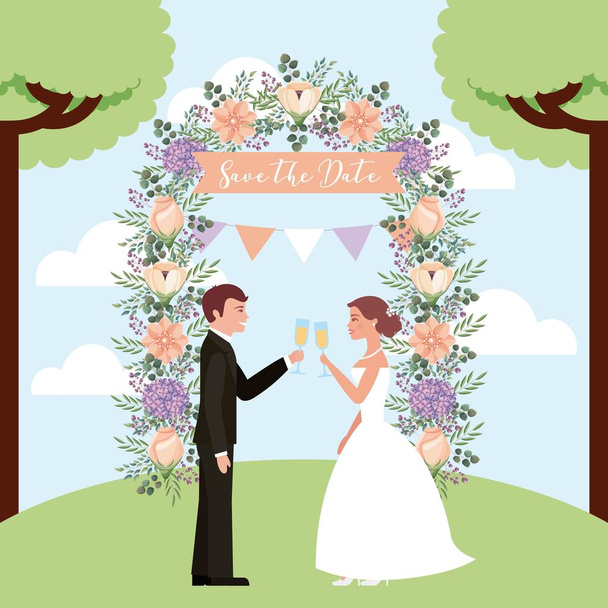 pareja tostadas vino boda arco flores guardar la fecha
 - Vector, imagen
