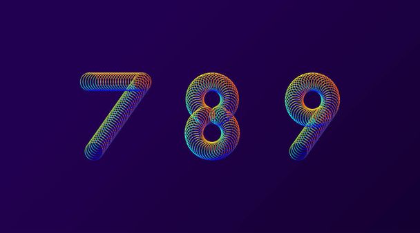 Conjunto de coloridos números abstractos modernos diseño creativo vector ilustración. 7 8 9 dígitos del resorte del neón del arco iris aislados sobre fondo púrpura oscuro
. - Vector, imagen