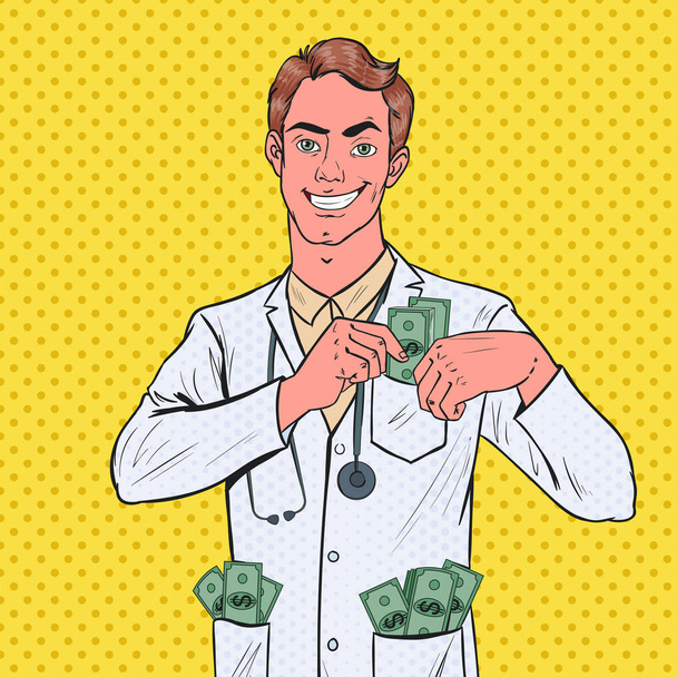 Pop Art αρσενικό διεφθαρμένη γιατρός τεθειμένα χρήματα στην τσέπη. Έννοια της διαφθοράς. Εικονογράφηση διάνυσμα - Διάνυσμα, εικόνα