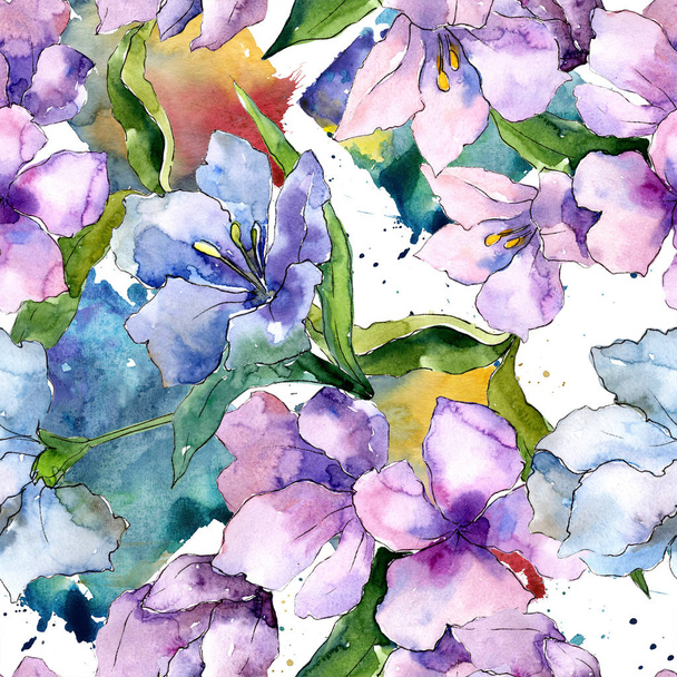 Purple and blue alstroemeria flowers. Seamless background pattern. Fabric wallpaper print texture. Aquarelle wildflower for background, texture, wrapper pattern, frame or border. - Foto, afbeelding