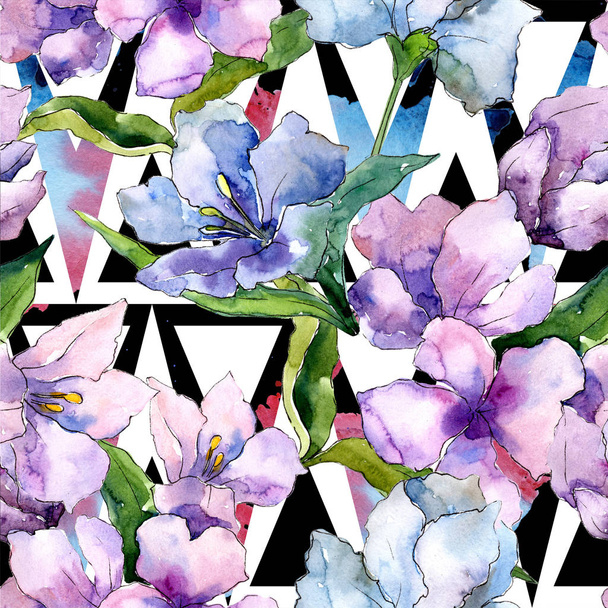 Purple and blue alstroemeria flowers. Seamless background pattern. Fabric wallpaper print texture. Aquarelle wildflower for background, texture, wrapper pattern, frame or border. - Фото, изображение