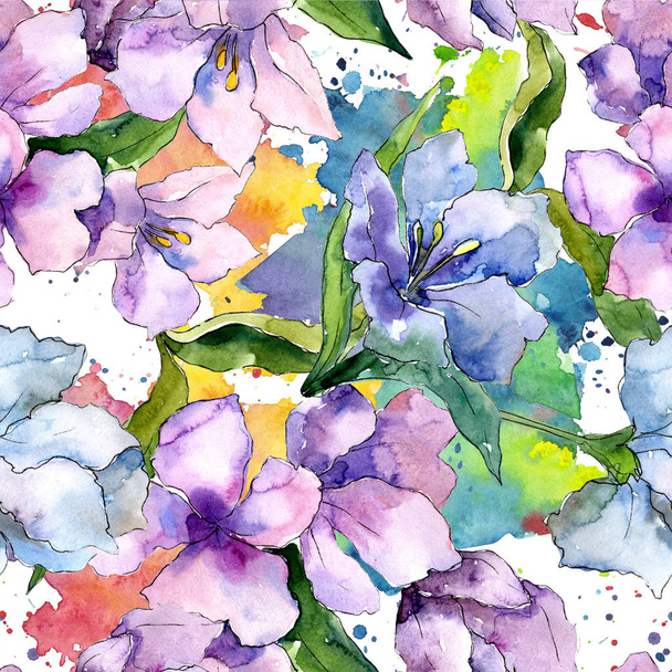 Purple and blue alstroemeria flowers. Seamless background pattern. Fabric wallpaper print texture. Aquarelle wildflower for background, texture, wrapper pattern, frame or border. - Photo, Image