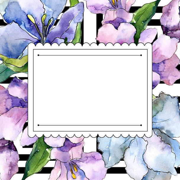 Lila és kék alstroemeria virágok. Test határ Dísz tér. A háttér textúra, burkoló minta, keret vagy határ Aquarelle vadvirág. - Fotó, kép