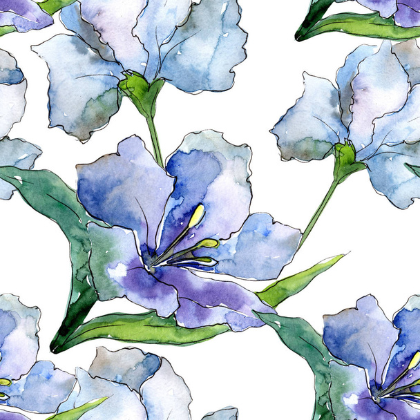 Purple and blue alstroemeria flowers. Seamless background pattern. Fabric wallpaper print texture. Aquarelle wildflower for background, texture, wrapper pattern, frame or border. - 写真・画像